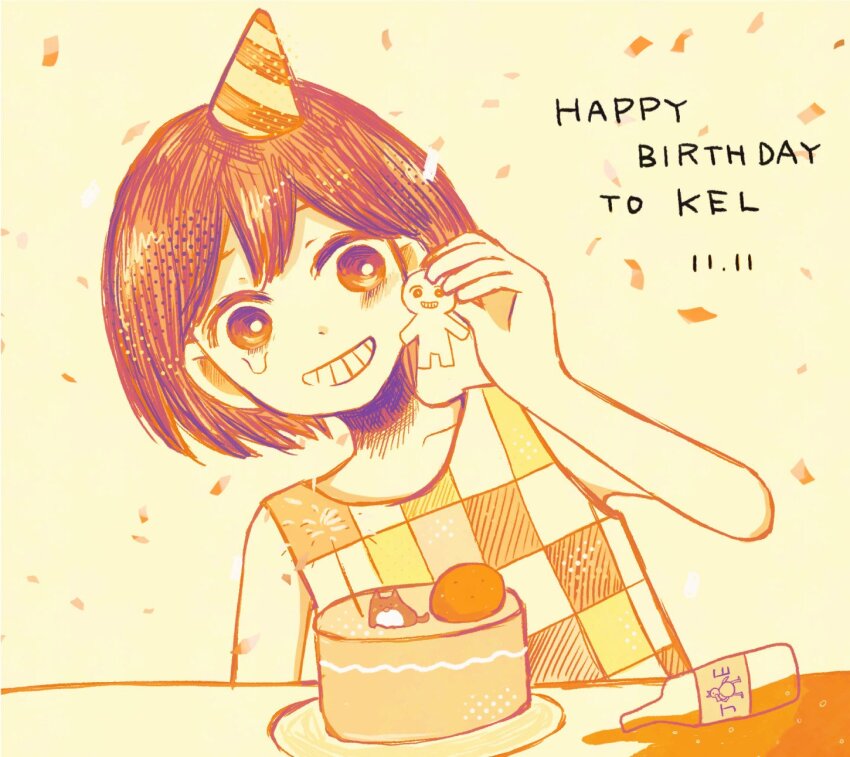 1boy, blush, cake, checkered_clothes, collarbone, commentary, confetti, dated