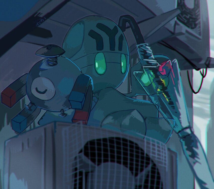 73sitimi, arm_up, closed_eyes, condenser_unit, elgyem, gen_1_pokemon, gen_5_pokemon, green_eyes