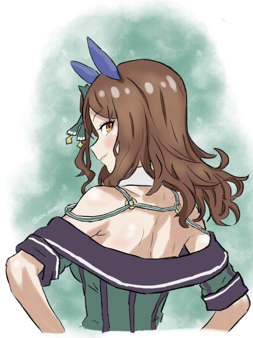 1girl, animal_ears, bare_back, bare_shoulders, blush, bow, breasts, brown_hair