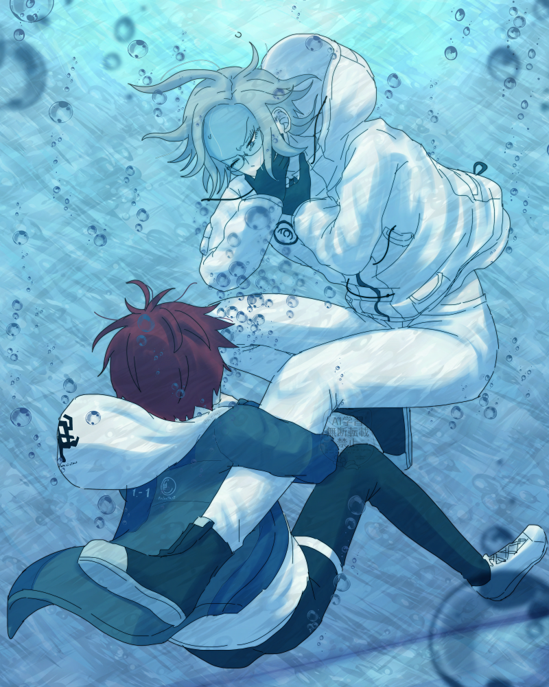 2boys, ahoge, air_bubble, aotsuki_eito, asphyxiation, black_gloves, black_pants, black_shoes