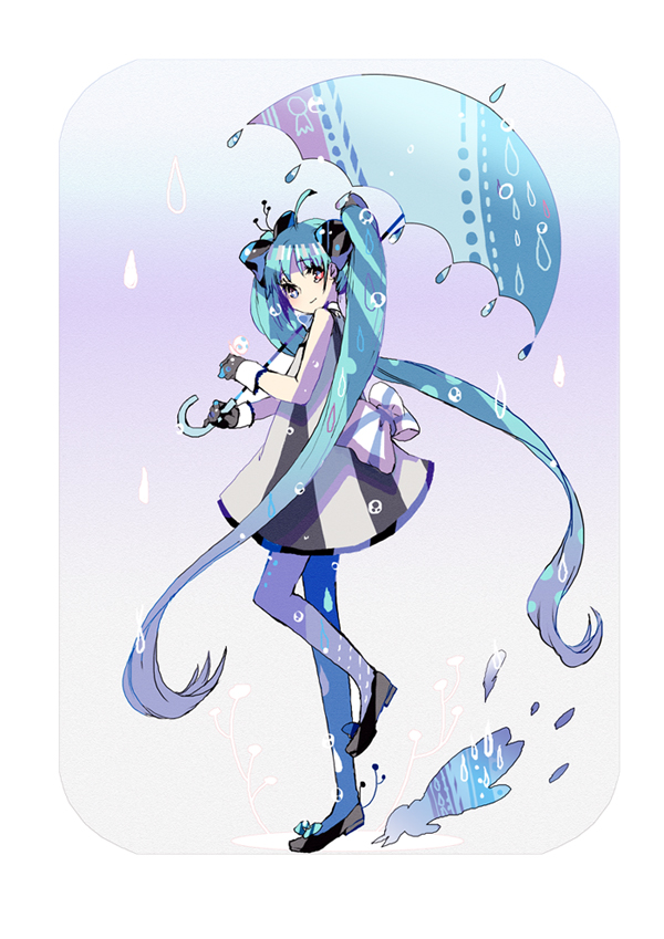1girl, asymmetrical_legwear, bad_id, bad_pixiv_id, blue_eyes, blue_hair, blue_pantyhose, bow, dress, female_focus, gloves, hair_bow, hair_ornament, hatsune_miku, jito_miku, koto2, kotokoto_(vibgyor), long_hair, matching_hair/eyes, mismatched_legwear, pantyhose, purple_pantyhose, shoes, smile, snail, solo, twintails, umbrella, very_long_hair, vocaloid