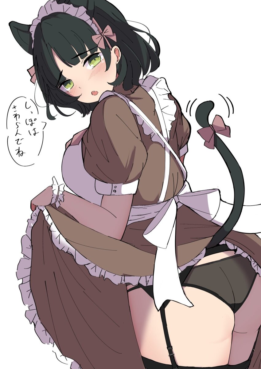 1girl, :o, animal_ears, apron, ass, black_hair, black_panties, black_thighhighs, blush, bow, breasts, brown_dress, cat_ears, cat_girl, cat_tail, clothes_lift, commentary, cowboy_shot, dress, dress_lift, embarrassed, fang, frilled_apron, frilled_dress, frills, from_behind, garter_belt, green_eyes, highres, huge_breasts, kaudon, lifting_own_clothes, link!_like!_love_live!, love_live!, maid, maid_apron, maid_headdress, momose_ginko, motion_lines, nyan_nyan_nyan_fair_in_gamers, official_alternate_costume, open_mouth, panties, pink_bow, puffy_short_sleeves, puffy_sleeves, raised_inner_eyebrows, short_sleeves, simple_background, solo, tail, tail_bow, tail_ornament, thighhighs, translated, underwear, virtual_youtuber, white_apron, white_background