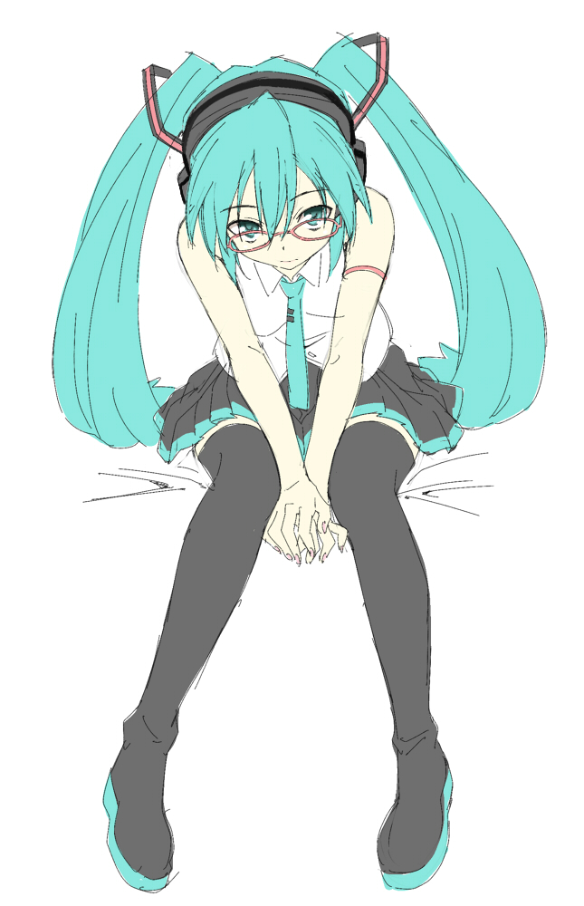 1girl, aqua_eyes, aqua_hair, aqua_necktie, bad_id, bad_pixiv_id, banzai_nekomimi, bespectacled, black_skirt, black_thighhighs, blouse, collared_shirt, female_focus, glasses, hatsune_miku, headphones, lat_model_(mikumikudance), long_hair, miniskirt, necktie, pleated_skirt, shirt, shoulder_tattoo, simple_background, sitting, skirt, sleeveless, sleeveless_shirt, solo, square-end_necktie, striped_clothes, striped_skirt, tattoo, thighhighs, twintails, vocaloid, white_background, white_shirt, zettai_ryouiki