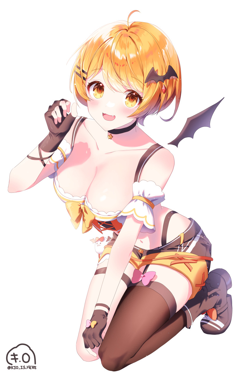 1girl, absurdres, ahoge, ankle_boots, asymmetrical_legwear, bare_shoulders, bat_hair_ornament, bat_wings