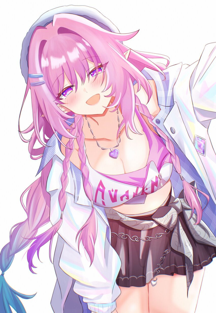 1girl, absurdres, black_skirt, braid, breasts, cleavage, collarbone, colored_tips