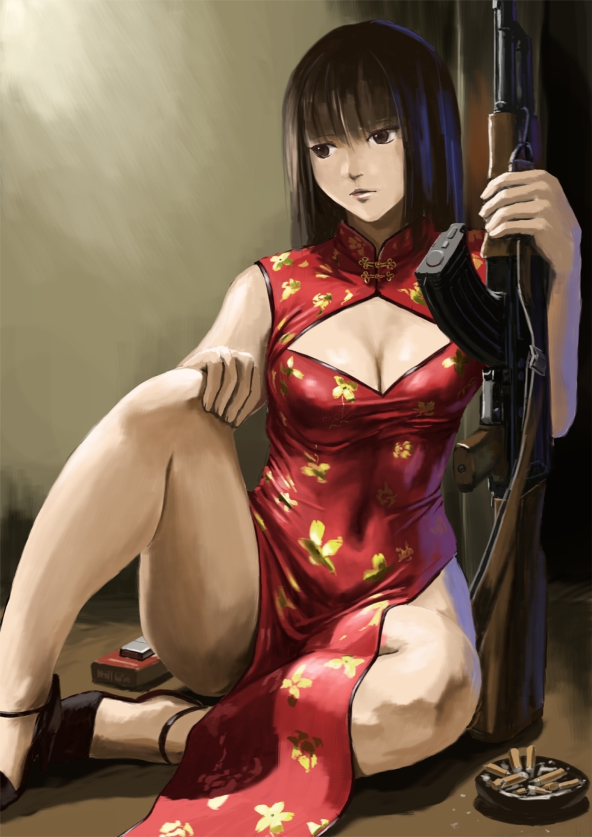 1girl, ak-47, ashtray, assault_rifle, black_eyes, blunt_bangs, breasts, china_dress