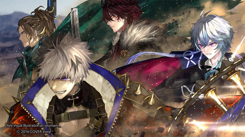 4boys, axe, black_cape, black_gloves, black_hair, black_jacket, black_ribbon, black_shirt