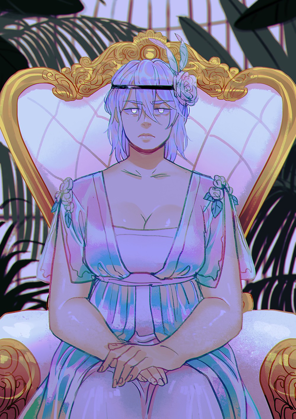 1920s_fashion, 1girl, breasts, cleavage, dress, frown, headband, highres