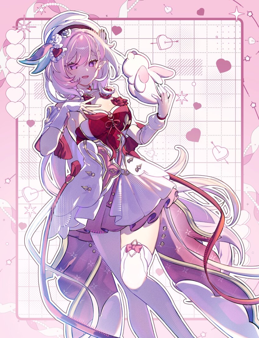 1girl, beret, border, breasts, commentary_request, diamond-shaped_pupils, diamond_(shape), dress