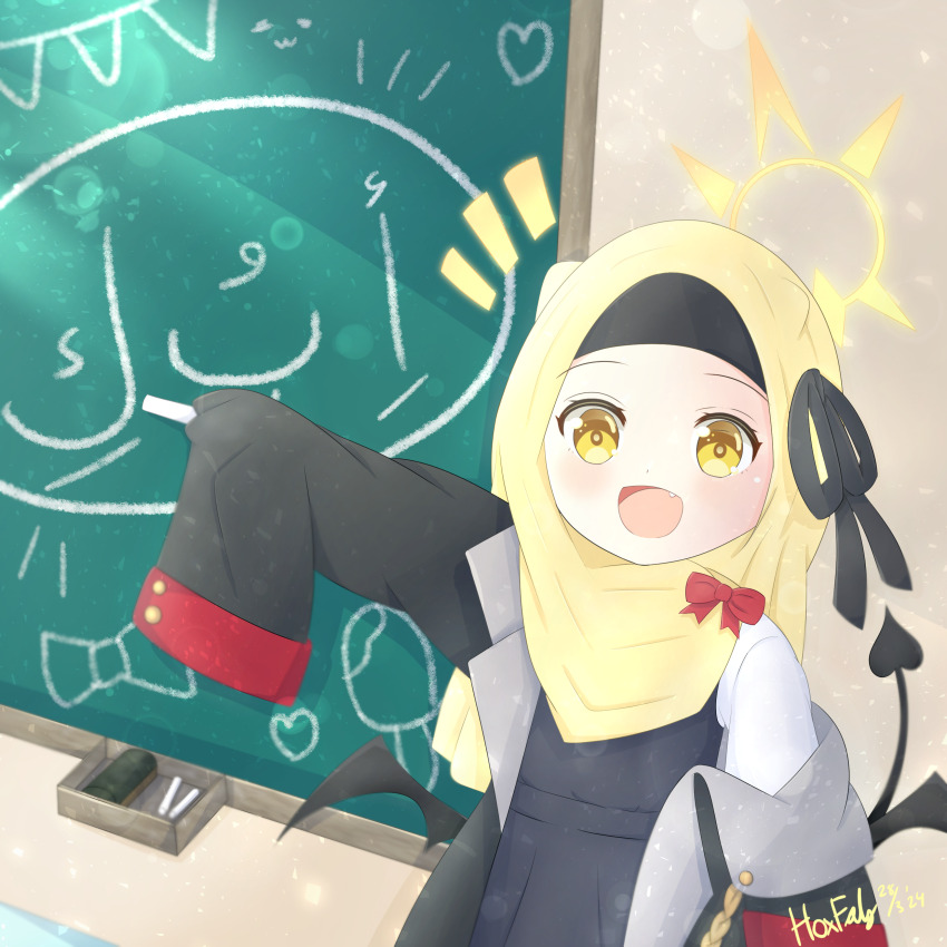 1girl, absurdres, arabic_text, black_dress, black_ribbon, black_wings, blue_archive, blush, chalk, chalkboard, demon_girl, demon_tail, demon_wings, drawing_(object), drawn_food, drawn_heart, dress, halo, highres, hijab, ibuki_(blue_archive), long_sleeves, looking_at_viewer, open_mouth, red_ribbon, ribbon, smile, solo, tail, troll_z0r, wings, yellow_eyes, yellow_halo, yellow_hijab