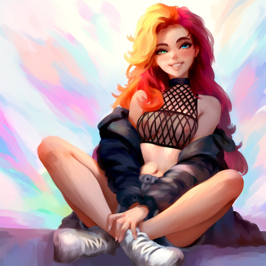 baddelz, bare_shoulders, blue_eyes, breasts, delirium_of_the_endless, fishnet_top, fishnets, green_eyes, grey_shorts, heterochromia, highres, indian_style, jacket, long_hair, medium_breasts, navel, nipples, open_clothes, open_jacket, orange_hair, see-through_clothes, shoes, shorts, sitting, stomach, the_sandman_(dc), white_shoes