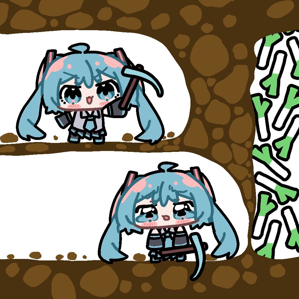 aqua_eyes, aqua_hair, aqua_necktie, bare_shoulders, black_sleeves, blush, chibi, chibi_only