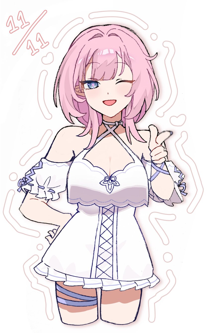 1girl, absurdres, bare_shoulders, blue_eyes, breasts, cleavage, commentary_request, cropped_legs