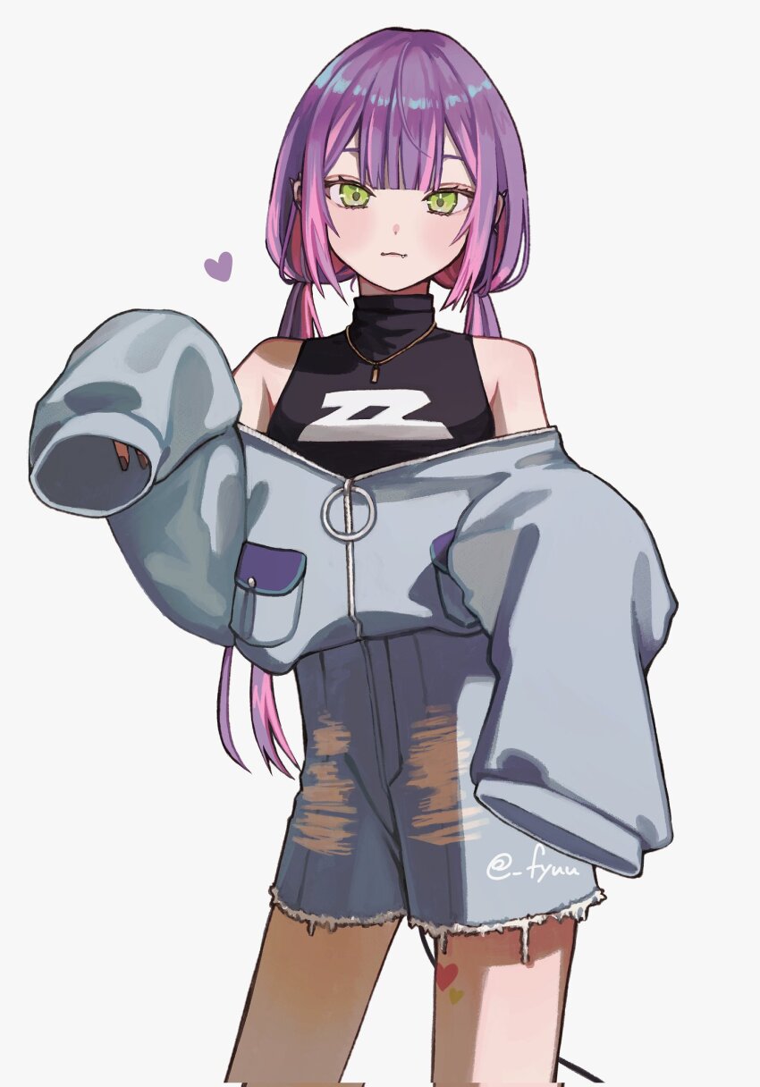 1girl, artist_name, bare_shoulders, blunt_bangs, blush, chain, colored_inner_hair, commentary