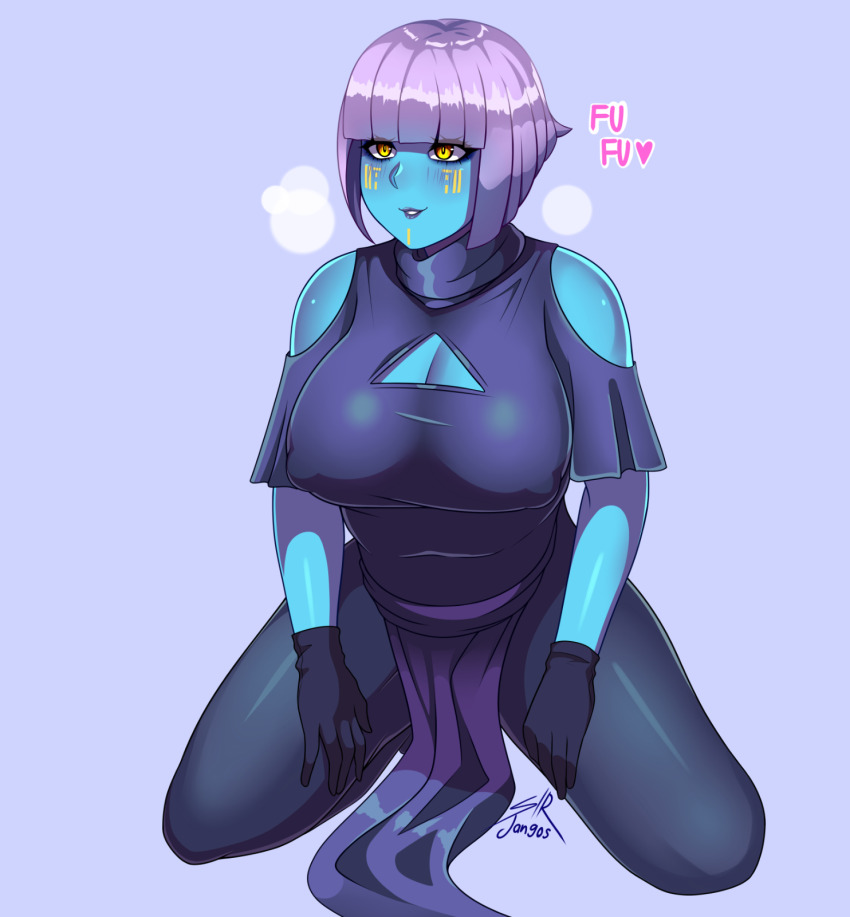 1girl, alien, artist_name, black_gloves, blue_background, blue_skin, blush, breasts, cleavage, cleavage_cutout, clothing_cutout, colored_skin, covered_erect_nipples, dress, facial_tattoo, gloves, grey_hair, heart, heavy_breathing, highres, in_heat, large_breasts, pantoran, pantyhose, parted_lips, pelvic_curtain, shiny_skin, short_hair, shoulder_cutout, sir_jangos, sitting, sound_effects, spoken_heart, spread_legs, star_wars, tattoo, turtleneck, turtleneck_dress, wariza, yellow_eyes