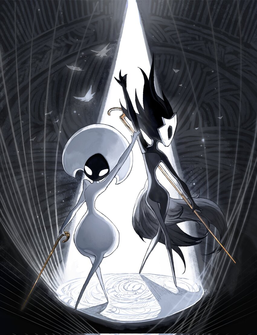 1girl, 1other, arthropod_girl, black_dress, black_hair, black_skin, blank_eyes, bug