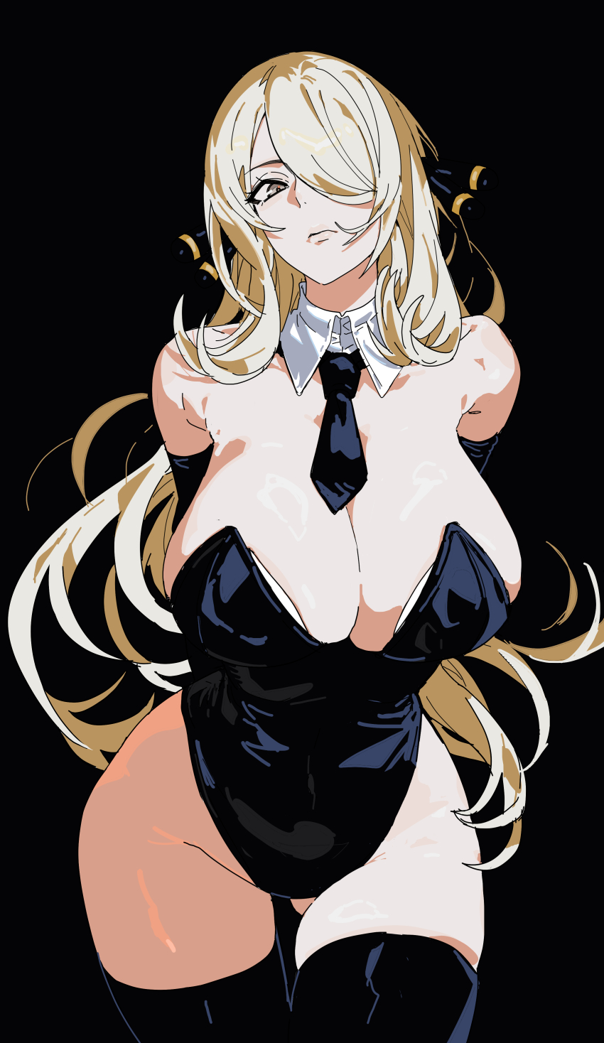 1girl, 5oh5s2, absurdres, alternate_breast_size_(larger), arms_behind_back, black_background, black_leotard, black_necktie