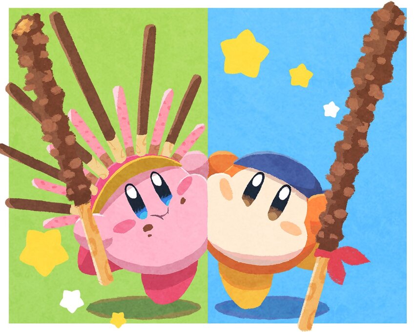 :i, bandana, bandana_waddle_dee, blue_background, blue_bandana, blush_stickers, border, cheek-to-cheek