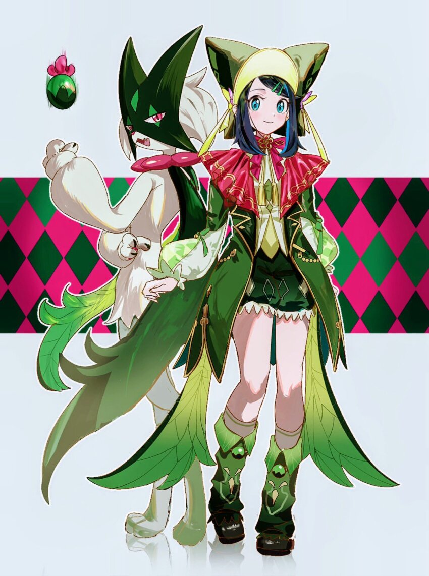 1girl, alternate_costume, aqua_eyes, black_hair, black_shoes, bow, bowtie, closed_mouth, coat, commentary_request, copituji, green_coat, green_shorts, hair_ornament, hairclip, hat, highres, leg_warmers, liko_(pokemon), long_hair, long_sleeves, looking_at_viewer, meowscarada, nintendo, open_clothes, open_coat, pink_bow, pink_bowtie, pokemon, pokemon_(anime), pokemon_(creature), pokemon_horizons, shoes, shorts, sidelocks, smile, standing, swept_bangs