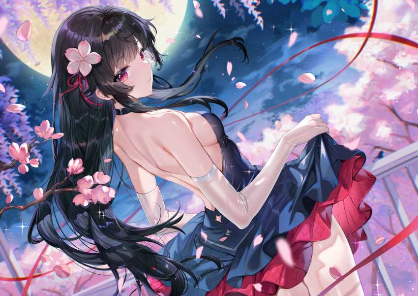 1girl, absurdres, back, bare_back, bare_shoulders, black_hair, blue_dress, blush, breasts, character_request, cherry_blossoms, closed_mouth, clothes_lift, cloud, dress, dress_lift, elbow_gloves, flower, full_moon, girls'_frontline, gloves, hair_flower, hair_ornament, highres, lifting_own_clothes, long_hair, looking_at_viewer, medium_breasts, moon, night, outdoors, pantyhose, petals, pink_flower, red_eyes, sakura_(girls'_frontline_2), shanguier, sideboob, sky, solo, type_100_(girls'_frontline), type_100_(tale_of_the_butterflies)_(girls'_frontline), white_gloves, white_pantyhose