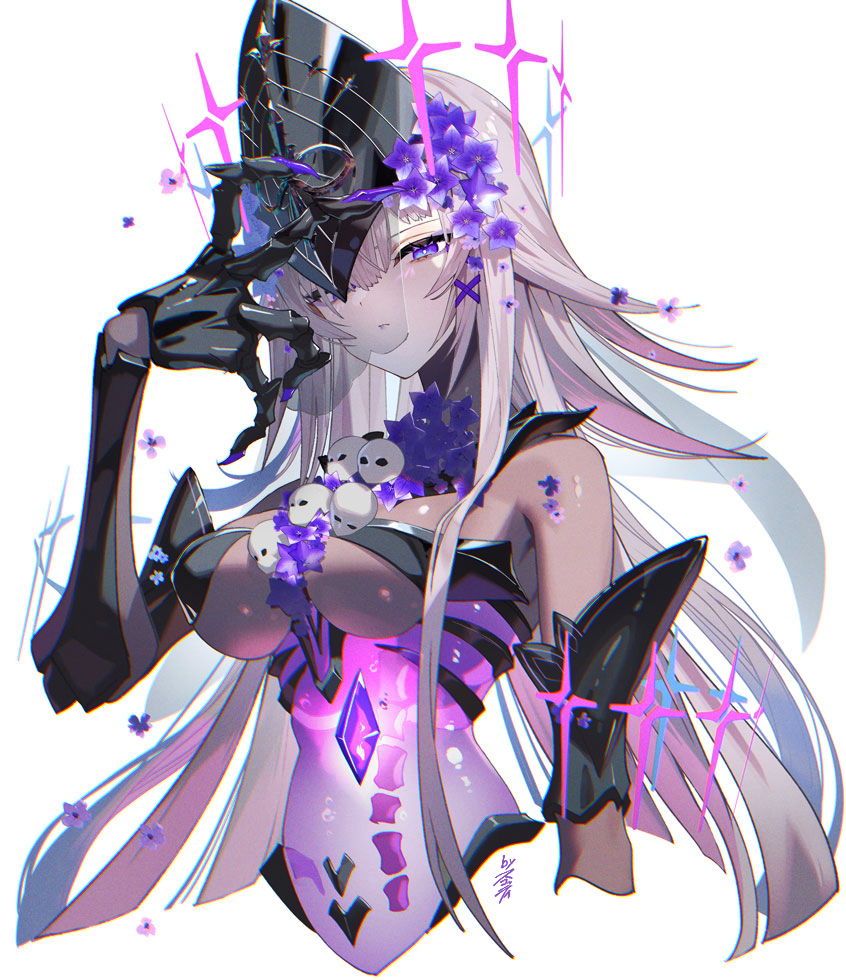 1girl, black_mask, breasts, gauntlets, gloves, halo, herta_(honkai:_star_rail), herta_(rubert_iii)_(honkai:_star_rail), honkai:_star_rail, honkai_(series), long_hair, looking_at_viewer, medium_breasts, pink_halo, purple_gloves, scottie_(phantom2), simple_background, solo, white_background