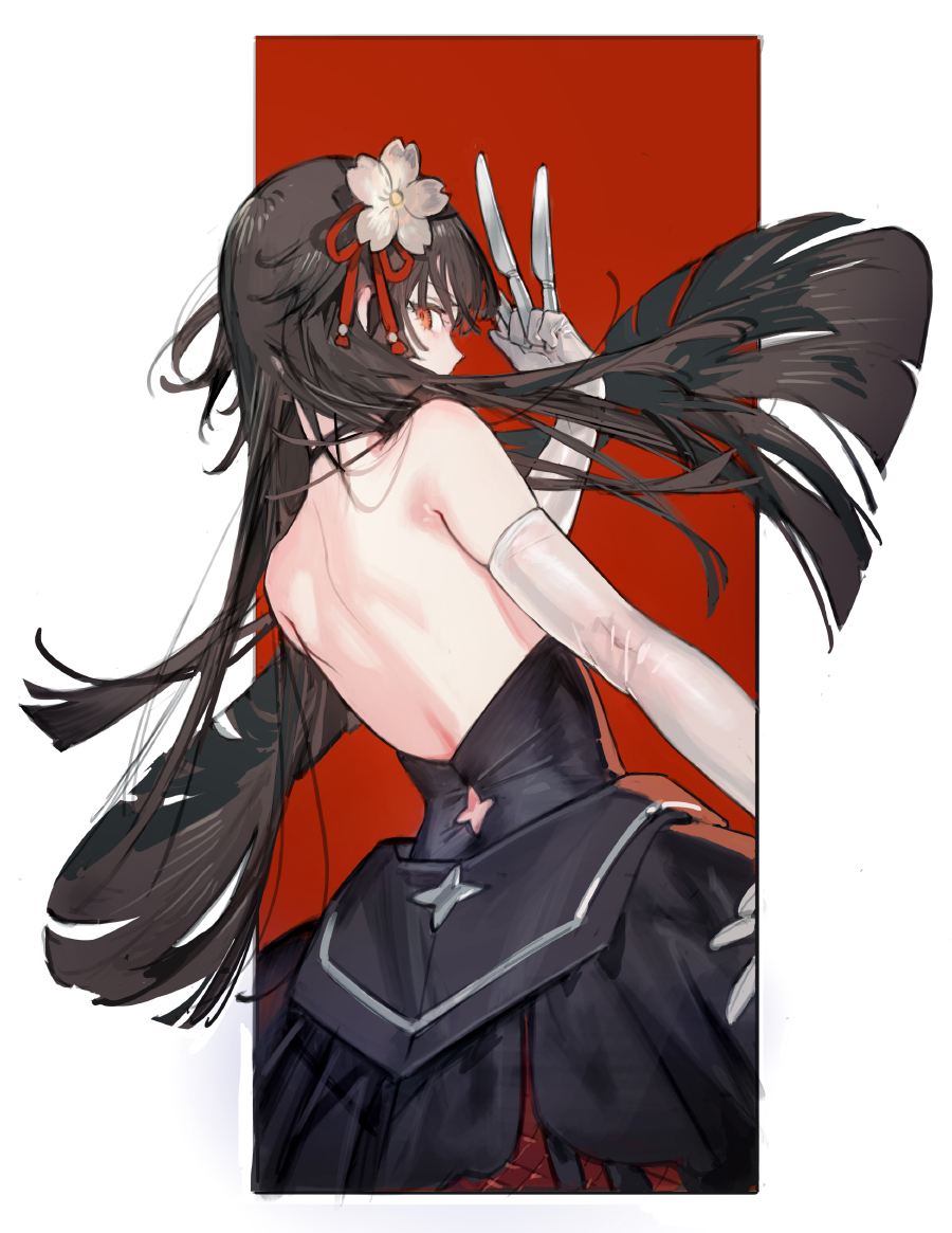 1girl, bare_back, black_dress, black_hair, chinese_commentary, commentary_request, dress, flower