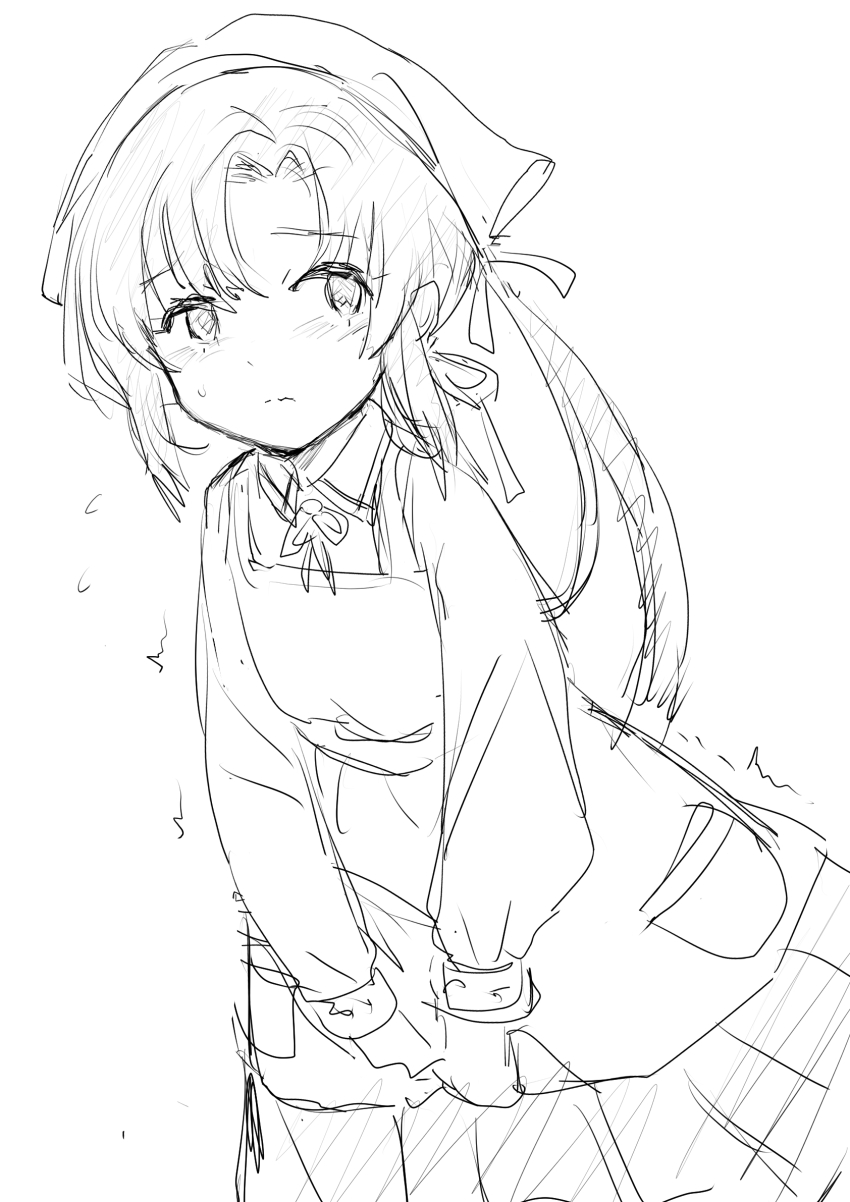 1girl, apron, bandana, collared_shirt, fuji_(pixiv24804665), highres, kantai_collection, lineart, long_hair, looking_at_viewer, monochrome, nankai_(kancolle), nosaki_(kancolle), pleated_skirt, shirt, side_ponytail, skirt, solo, v_arms