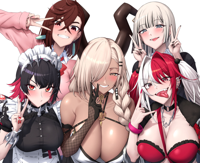 5girls, apron, ayase_momo, azur_lane, bare_shoulders, black_dress, black_hair, black_shirt, blunt_bangs, blush, bra, braid, breasts, brown_gloves, brown_hair, chain, chain_necklace, choker, cleavage, collar, collared_shirt, colored_inner_hair, crossed_bangs, crossover, dandadan, dark-skinned_female, dark_skin, dress, earrings, elbow_gloves, ellen_joe, fate/grand_order, fate_(series), fur_collar, gloves, grey_eyes, grin, hair_between_eyes, hair_bobbles, hair_ornament, hair_over_one_eye, hairband, highres, horns, jacket, jewelry, kasai_seira, large_breasts, long_hair, long_sleeves, looking_at_viewer, low_twin_braids, maid_headdress, matsunaga_hisahide_(fate), metal_collar, metal_hairband, multicolored_hair, multiple_girls, necklace, open_mouth, owari_(azur_lane), pink_hair, pink_sweater, puffy_short_sleeves, puffy_sleeves, red_bra, red_eyes, red_hair, red_jacket, shiroshisu, shirt, short_hair, short_sleeves, smile, sono_bisque_doll_wa_koi_wo_suru, spiked_headband, split-color_hair, sweater, tongue, tongue_out, twin_braids, twintails, underwear, voice_actor_connection, waist_apron, wakayama_shion, white_apron, white_bra, white_hair, white_shirt, white_sleeves, wide_sleeves, wrist_cuffs, zenless_zone_zero