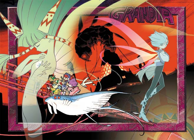 3boys, 3girls, blue_hair, closed_eyes, copyright_name, feena_(grandia), flying, framed, game_arts, grandia, grandia_i, guido_(grandia), hair_ornament, hair_tubes, hands_on_own_chest, hontani_toshiaki, justin_(grandia), leen_(grandia), manta_ray, multiple_boys, multiple_girls, nude, official_art, puffy_(grandia), puui_(grandia), rapp_(grandia), siblings, sisters, skinny, spoilers, sue_(grandia), wings