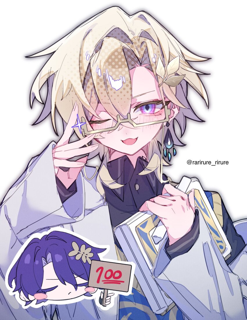 2boys, aventurine_(honkai:_star_rail), bespectacled, black_shirt, blonde_hair, blue_eyes, blue_hair, blush_stickers