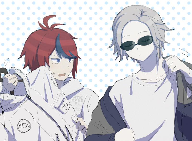 2boys, ahoge, aotsuki_eito, black_streaks, blue_eyes, closed_eyes, clothes_hanger, collarbone