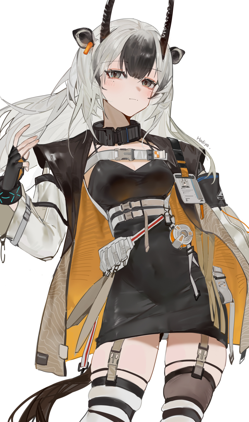 1girl, absurdres, animal_ears, arknights, belt, black_dress, black_gloves, black_hair, black_thighhighs, bracelet, breasts, brown_horns, character_name, cleavage, commentary, covered_navel, cowboy_shot, double-parted_bangs, dress, ear_tag, expressionless, fanny_pack, fingerless_gloves, garter_straps, gazelle_ears, gazelle_girl, gazelle_horns, gazelle_tail, gloves, grey_eyes, grey_hair, hadiya_(arknights), high-waist_belt, high_collar, highres, horns, impasto, impossible_clothes, impossible_dress, infection_monitor_(arknights), jewelry, lanyard, long_hair, looking_at_viewer, medium_breasts, mole, mole_under_eye, multicolored_hair, multiple_moles, pencil_dress, ren_er_nu_zi_kou_gui, short_dress, simple_background, skindentation, solo, spaghetti_strap, striped_clothes, striped_thighhighs, untranslatable_commentary, thighhighs, two-tone_hair, white_background, white_thighhighs