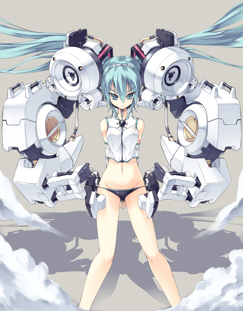 1girl, aqua_eyes, aqua_hair, bad_id, bad_pixiv_id, colorized, female_focus, groin, hatsune_miku, highres, long_hair, mecha_musume, navel, no_pants, panties, solo, twintails, underwear, very_long_hair, vocaloid, wazuka, wzk