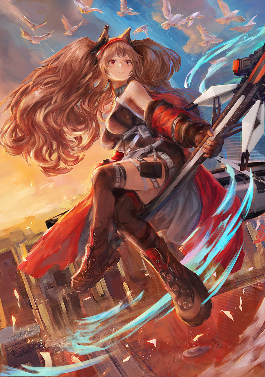 1girl, alternate_breast_size_(larger), angelina_(arknights), angelina_(distinguished_visitor)_(arknights), animal_ears, arknights, bare_shoulders, belt, bird, black_boots, black_collar, black_leotard, black_thighhighs, boots, breasts, brown_hair, building, chinese_commentary, cloud, coat, collar, commentary_request, dove, earpiece, expressionless, floating_clothes, floating_hair, floating_staff, flock, fluffy_hair, fox_ears, fox_girl, frozenduck, hairband, highres, holding, holding_staff, impossible_clothes, impossible_leotard, infection_monitor_(arknights), large_breasts, leotard, long_hair, multicolored_hairband, off_shoulder, official_alternate_costume, open_clothes, open_coat, originium_arts_(arknights), outdoors, red_coat, red_eyes, red_hairband, sitting, skyscraper, solo, staff, striped_clothes, striped_hairband, sunrise, thigh_strap, thighhighs, twintails, two-tone_hairband, white_belt