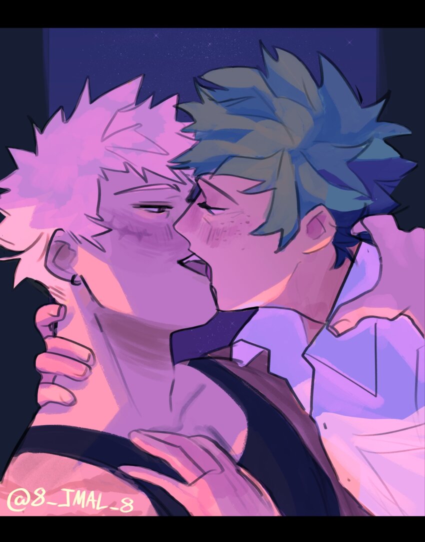 2boys, 8_jmal_8, bakugou_katsuki, bare_shoulders, black_shirt, blonde_hair, blush, boku_no_hero_academia, collarbone, collared_shirt, commentary, english_commentary, eye_contact, facial_scar, fingernails, freckles, french_kiss, green_hair, hand_on_another's_chest, hand_on_another's_neck, highres, kiss, letterboxed, looking_at_another, male_focus, midoriya_izuku, multiple_boys, open_collar, open_mouth, profile, scar, scar_on_cheek, scar_on_face, shirt, short_hair, smile, spiked_hair, tank_top, teeth, twitter_username, upper_teeth_only, white_shirt, yaoi