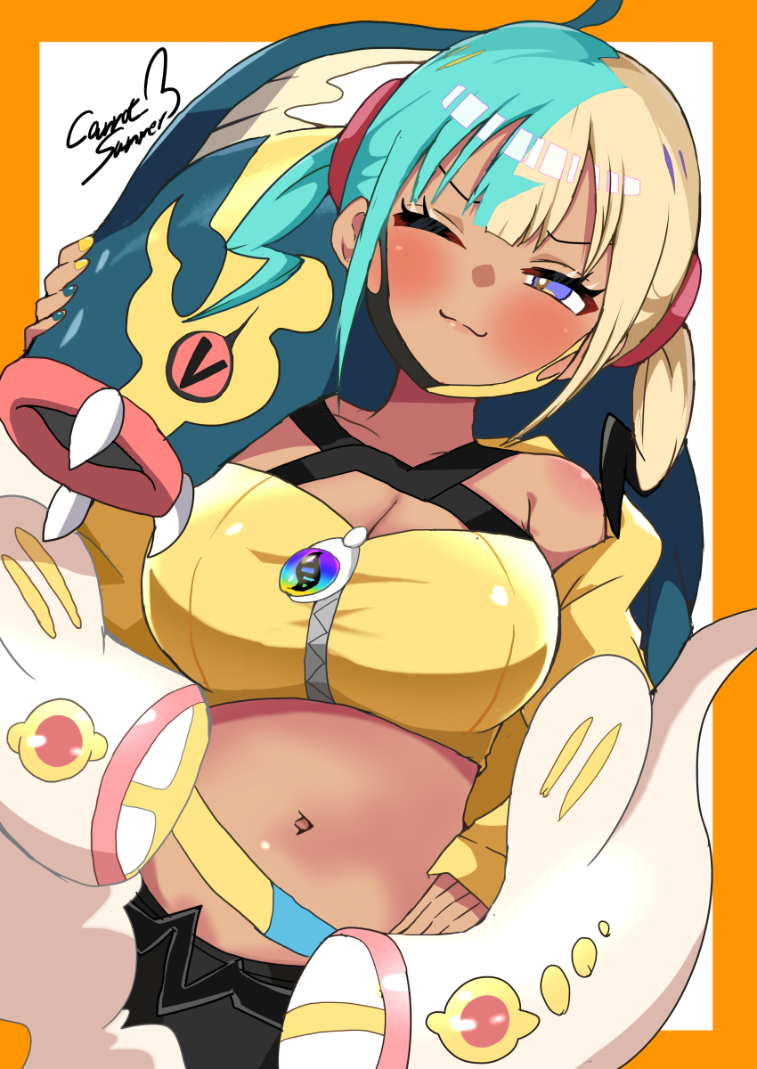 1girl, absurdres, aqua_hair, bandeau, black_mask, blonde_hair, blue_eyes, blue_skin, blush, breasts, canari_(pokemon), carrot_summer, cleavage, closed_eyes, closed_mouth, collarbone, colored_sclera, colored_skin, criss-cross_straps, dark-skinned_female, dark_skin, eel, eelektross, fangs, fish, gen_5_pokemon, highres, jacket, lamprey, large_breasts, long_sleeves, looking_at_viewer, mask, mask_pull, mega_eelektross, mega_pokemon, mega_stone, mouth_mask, multicolored_hair, multicolored_skin, navel, nintendo, one_eye_closed, open_mouth, pants, pokemon, pokemon_(creature), pokemon_legends:_z-a, red_sclera, short_twintails, smile, split-color_hair, sports_bra, twintails, two-tone_hair, two-tone_mask, two-tone_skin, white_skin, yellow_bandeau, yellow_jacket, yellow_mask, yellow_sports_bra