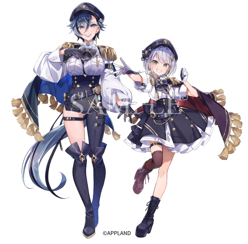 .live, 2girls, asymmetrical_clothes, between_breasts, black_boots, black_bow, black_gloves, black_hair, black_hat, black_pants, black_skirt, boots, bow, breasts, brown_eyes, brown_thighhighs, collared_shirt, commentary_request, dress_shirt, epaulettes, frilled_skirt, frills, gloves, green_eyes, grey_hair, grin, hat, large_breasts, long_sleeves, multicolored_hair, multiple_girls, official_art, outstretched_arm, pants, peaked_cap, puffy_long_sleeves, puffy_short_sleeves, puffy_sleeves, rikumu, sample_watermark, sharaku_setsuna, shirt, short_sleeves, simple_background, single_pantsleg, single_thighhigh, skirt, smile, standing, standing_on_one_leg, streaked_hair, suspender_skirt, suspenders, thigh_boots, thighhighs, thighhighs_under_boots, virtual_youtuber, watermark, white_background, white_gloves, white_shirt, yuko_(uc_yuk)