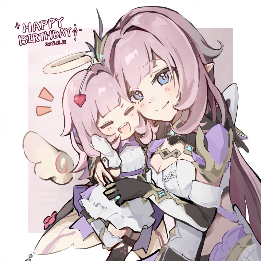 2girls, absurdres, angel_wings, black_gloves, black_shrug, blue_eyes, border, breasts