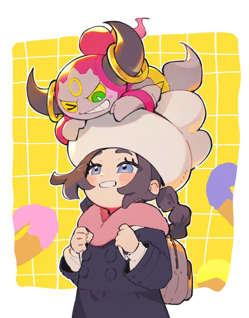 >_o, 1girl, ansha_(pokemon), bag, black_coat, black_hair, blue_eyes, blush