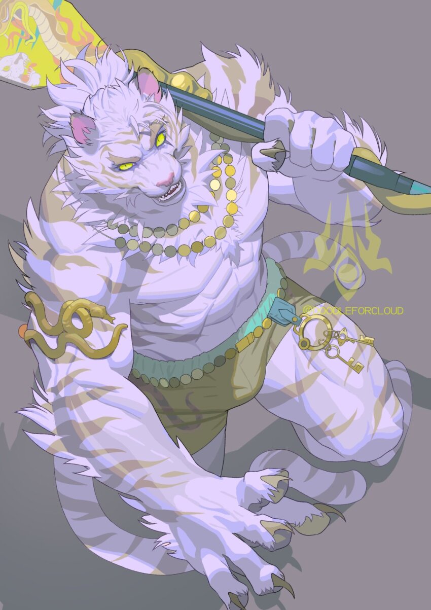 1boy, abs, animal_ears, bara, bare_pectorals, barefoot, biceps, bulge