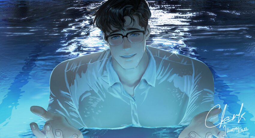 1boy, black-framed_eyewear, black_hair, blue_eyes, blush, character_name, clark_kent, collared_shirt