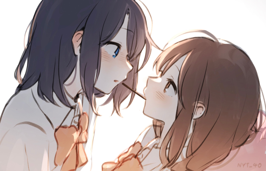 2girls, adachi_sakura, adachi_to_shimamura, black_hair, blue_eyes, blush, bow, bowtie, brown_eyes, brown_hair, collared_shirt, commentary, food, highres, medium_hair, multiple_girls, nyt_40, parted_lips, pocky, pocky_day, pocky_kiss, red_bow, red_bowtie, shared_food, shimamura_hougetsu, shirt, white_shirt, yuri