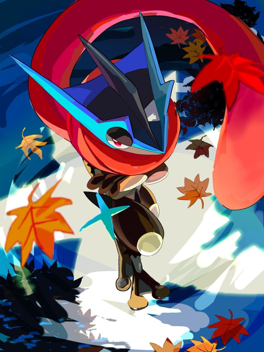 1other, alternate_color, autumn_leaves, crossed_arms, frog, gen_6_pokemon, greninja, highres