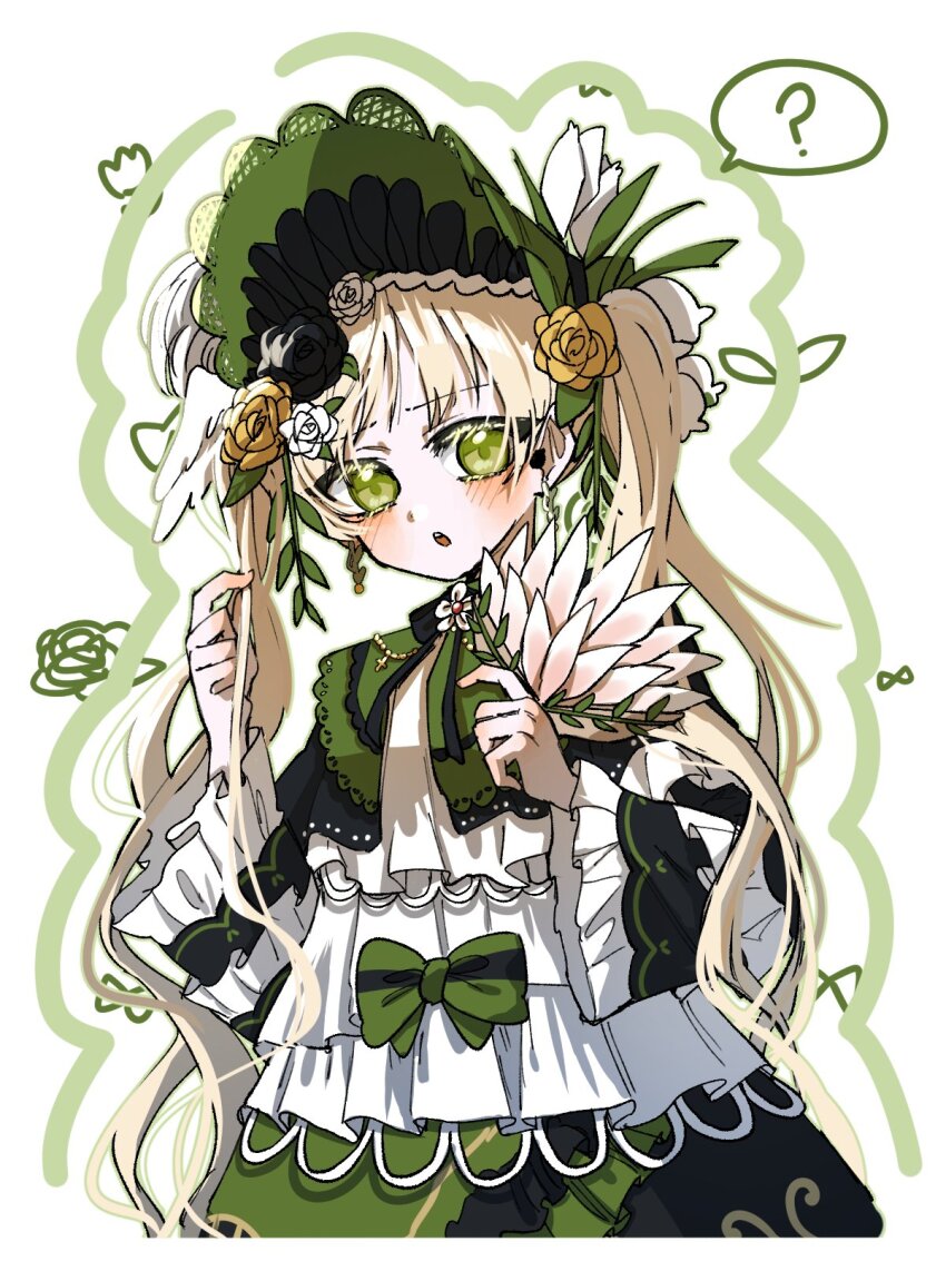 1girl, ?, black_flower, black_rose, blonde_hair, bonnet, bow, commentary, cowboy_shot, dress, flower, frilled_dress, frilled_sleeves, frills, green_bonnet, green_bow, green_dress, green_eyes, hair_flower, hair_ornament, hand_fan, highres, holding, holding_fan, kimburgertwo, lolita_fashion, long_hair, long_sleeves, looking_at_viewer, mahou_shoujo_no_majo_saiban, open_mouth, rose, solo, spoken_question_mark, untranslatable_commentary, tono_hanna, twintails, white_background, white_flower, white_rose, yellow_flower, yellow_rose