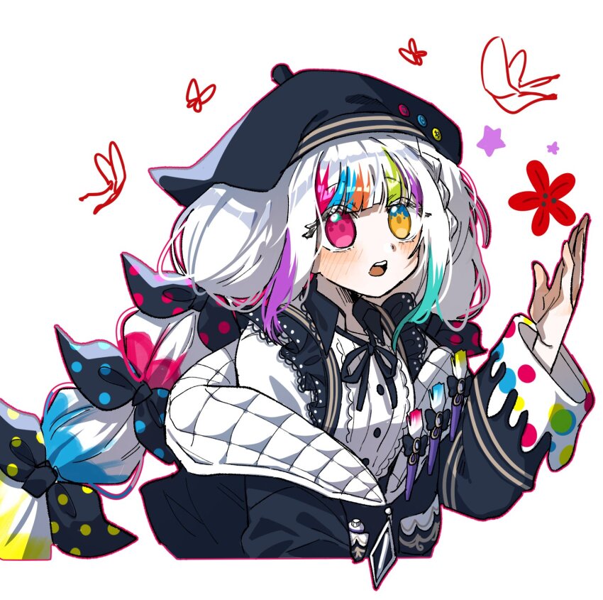 1girl, beret, black_jacket, bow, bug, butterfly, collared_shirt, cropped_torso