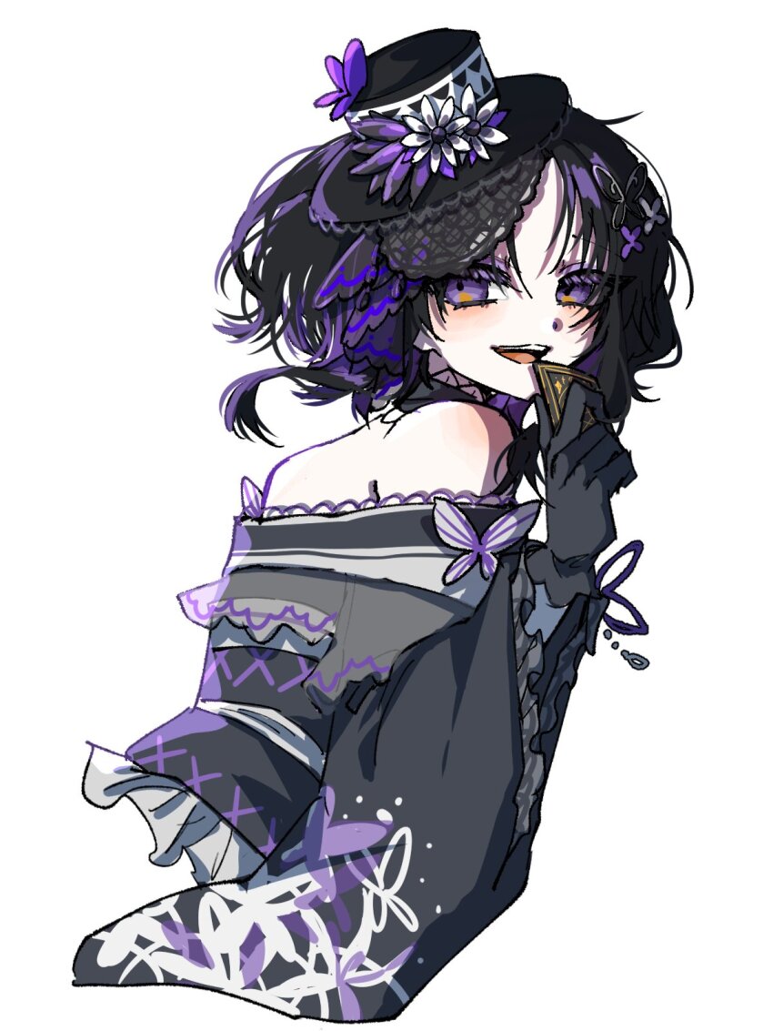 1girl, bare_shoulders, black_gloves, black_hair, black_hat, black_kimono, bug, butterfly