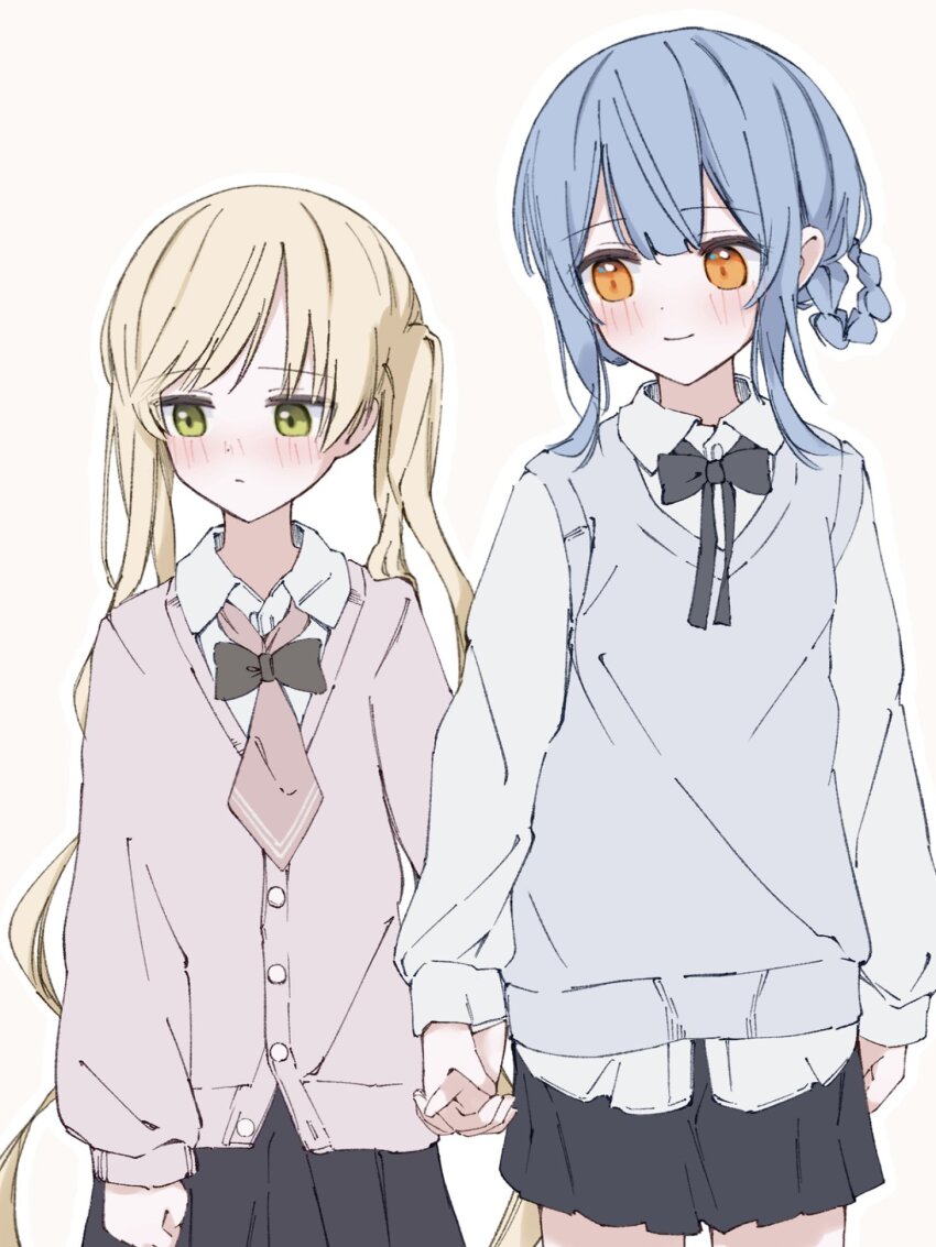 2girls, black_bow, black_bowtie, black_skirt, blonde_hair, blue_hair, blue_sweater_vest, blush
