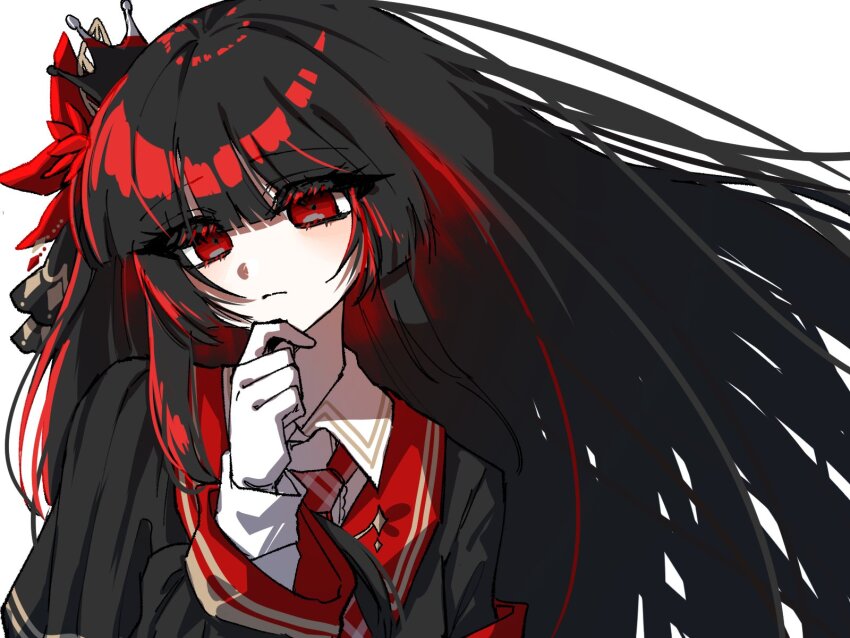 1girl, black_hair, black_shirt, blunt_bangs, closed_mouth, collared_shirt, crown, flower