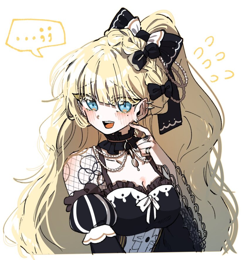 ..., 1girl, :d, black_bow, blonde_hair, blue_eyes, bow, breasts