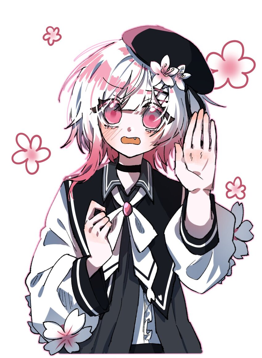 1girl, beret, black_choker, black_hat, blush, brooch, cherry_blossoms, choker, commentary, fang, flower, gradient_hair, hair_flower, hair_ornament, hands_up, hat, highres, jewelry, kimburgertwo, long_sleeves, looking_at_viewer, mahou_shoujo_no_majo_saiban, multicolored_hair, neck_ribbon, open_hand, open_mouth, pink_eyes, pink_hair, ribbon, sakuraba_ema, short_hair, solo, untranslatable_commentary, upper_body, white_background, white_flower, white_hair, white_ribbon, x_hair_ornament